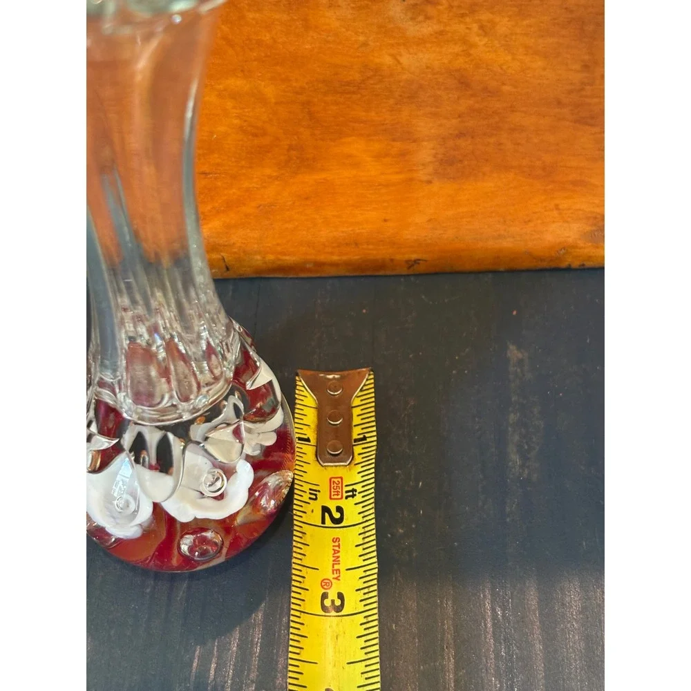 Art Glass Bud Vase Red White Calla Lily Controlled Bubble Paperweight Base